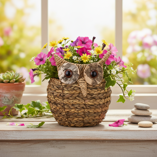 Panier décoratif en forme de hibou, tressé à la main, pour rebord de fenêtre, 18 cm | Floristik24.be