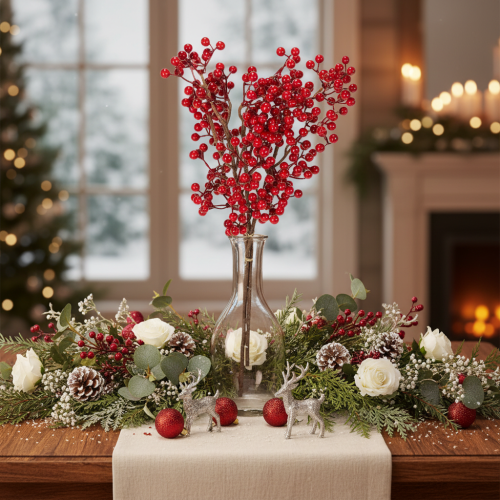 Branche de houx artificielle à baies rouges, branche décorative pour vases, 47 cm, lot de 3 | Floristik24.be
