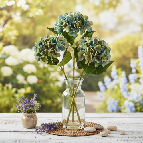 Fleur d'hortensia artificielle, bleu-vert, tige décorative unique, 53 cm | Floristik24.be
