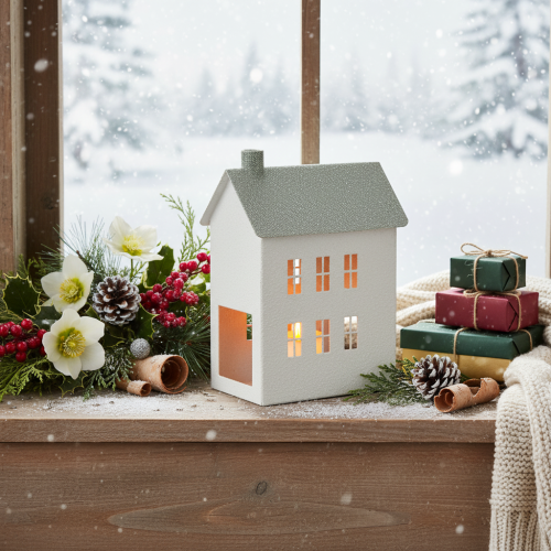 Article Maison décorative en métal en forme de maison avec fenêtres et cheminée, 22 cm
