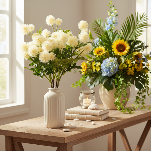 Chrysanthèmes artificiels, bouquet blanc crème, branche décorative, grande taille 56 cm, lot de 4 | Floristik24.be