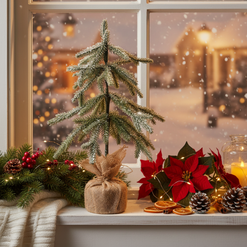 Plante artificielle enneigée, sapin de Noël LED en sac de jute, fonctionne sur piles, pour usage intérieur, 50 cm | Floristik24.be