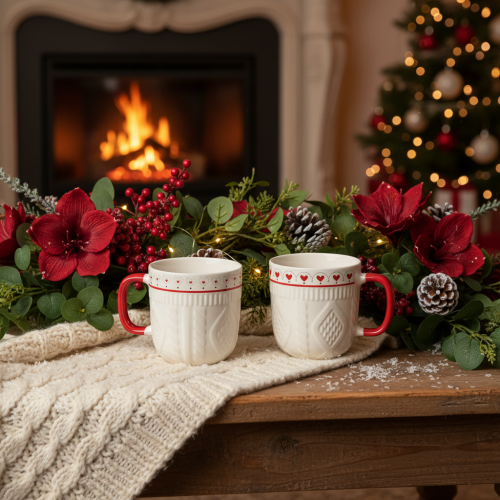 Mug à café avec anse rouge, motif tricoté et décoration en forme de cœur, en céramique, 9 cm, lot de 2 | Floristik24.be