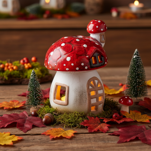 Maison décorative en forme de champignon pour bougie chauffe-plat, peinte à la main avec tourelle, 21 cm | Floristik24.be