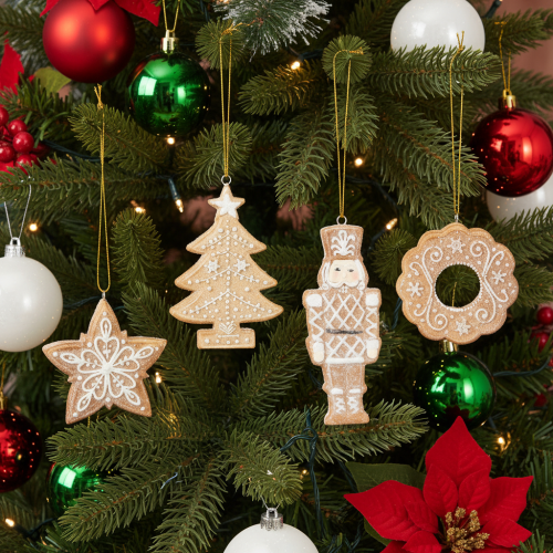 Décorations de Noël, pain d'épice, aspect glaçage, casse-noisette, étoile, sapin, couronne, 6 cm, lot de 4 | Floristik24.be