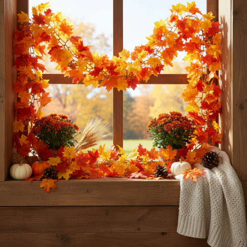 Article Guirlande de feuilles d'érable artificielles, décoration d'automne, 170 cm