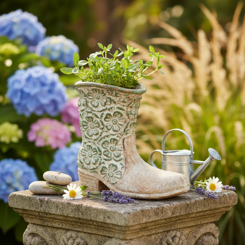 Article Pot de fleurs en forme de botte de cowboy, motif floral vintage, 24 cm
