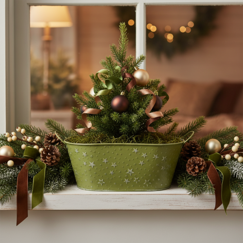 Bol ovale en métal vert, décoré d'étoiles et muni d'anses, 31 × 16 cm, H 12,5 cm | Floristik24.be