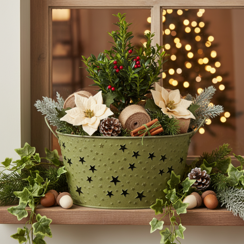 Bol en métal vert avec étoiles et anses, Ø 20 cm, H 11,5 cm | Floristik24.be