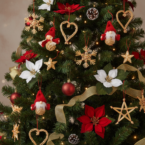 Ensemble de 30 décorations de Noël en paille, figurines et étoiles de 6 cm, pour sapin. | Floristik24.be