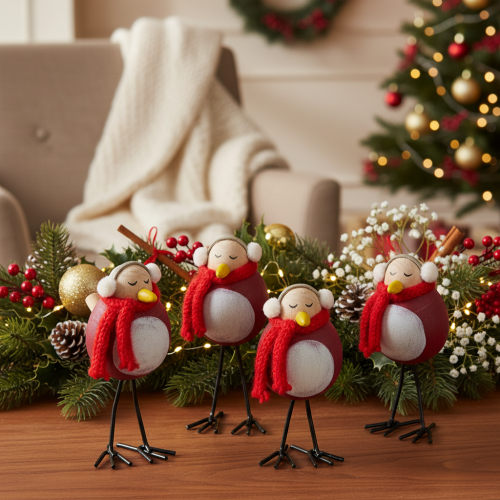 Figurine décorative d'oiseau avec écharpe, décoration hivernale, 11 cm, lot de 4 | Floristik24.be