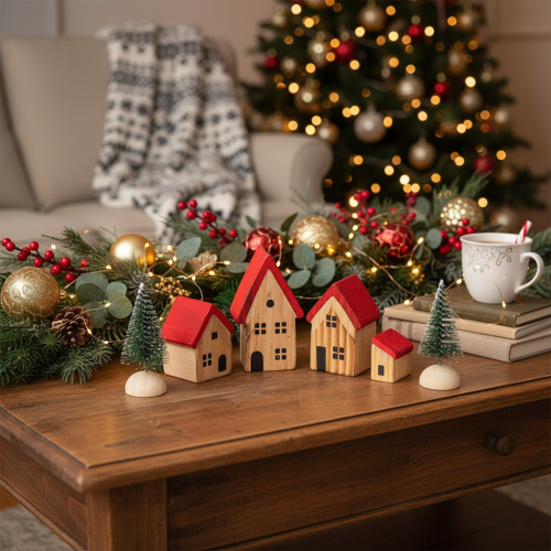 Ensemble de maisons décoratives en bois avec toits rouges et sapins, 12 cm, 6 pièces | Floristik24.be