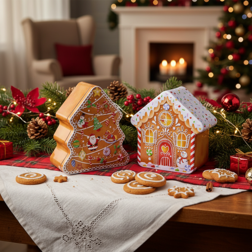 Boîte de Noël, boîte à biscuits, sapin et maison de Noël, aspect pain d'épice, 14 cm, 2 pièces | Floristik24.be