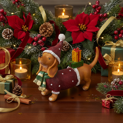 Article Figurine décorative de teckel avec emballage cadeau et chapeau, 18 cm