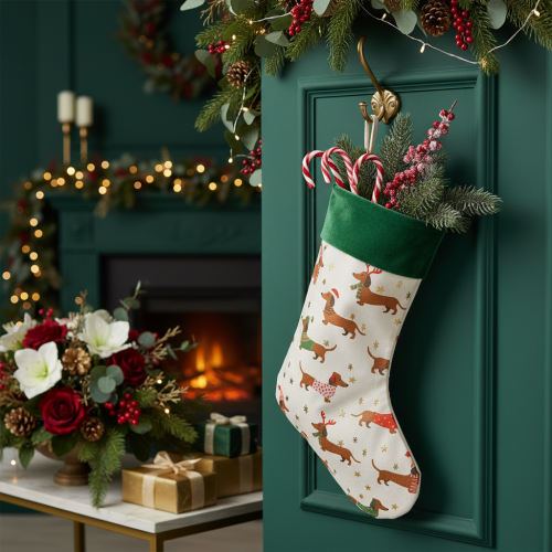 Article Chaussette de Noël à motif teckel, 50 cm
