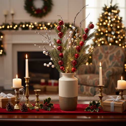 Article Branche de sapin artificielle avec boules de Noël, 48 cm, 2 pièces