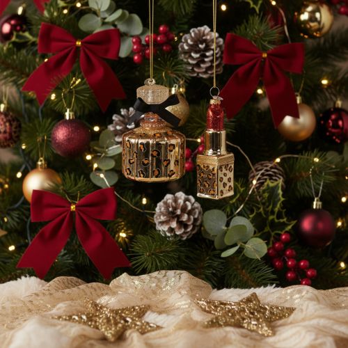 Décoration de sapin de Noël : flacon de parfum et rouge à lèvres à motif léopard, 11 cm, lot de 2 | Floristik24.be