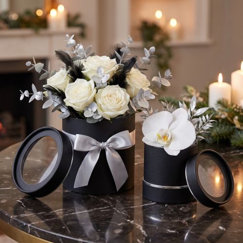 Boîte à fleurs ronde carton noir, argent Ø10/12cm lot de 2 | Floristik24.be