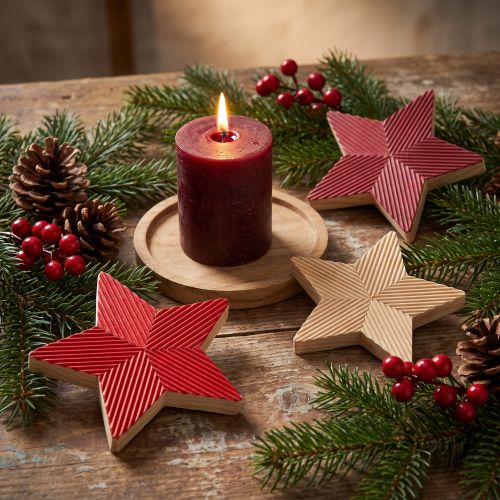 Poinsettias étoiles en bois cannelé rouge naturel 11cm 3pcs | Floristik24.be