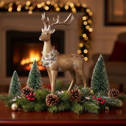 Article Figurine décorative représentant un cerf debout avec des bois et des pommes de pin, 41 cm