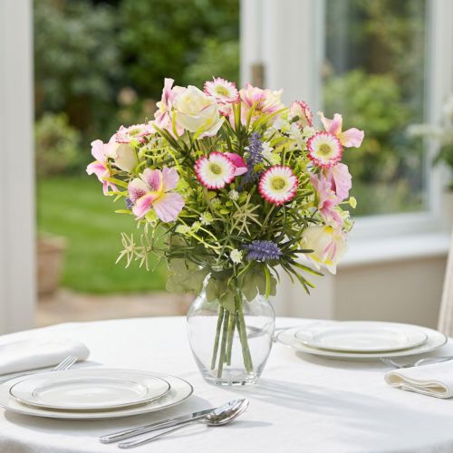 Bouquet de fleurs artificielles, crème, rose, violet, vert, décoration de table élégante | Floristik24.be