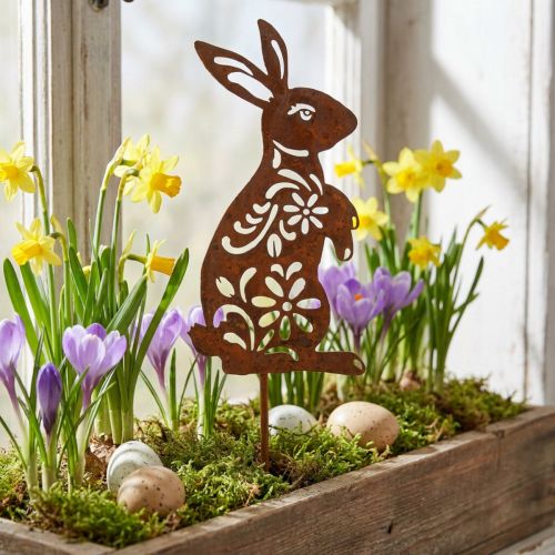 Piquet de jardin rouille lapin fleur motif décoration de jardin Pâques 9 × 15 cm | Floristik24.be
