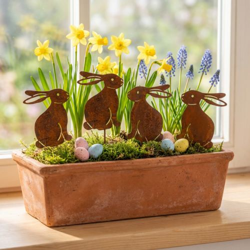 Décoration de jardin, lapin de Pâques rouillé, piquet à fleurs, métal, 7 × 9 cm, lot de 6 | Floristik24.be