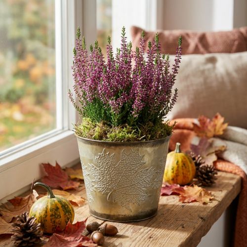 Jardinière pour l'automne, seau en métal à décor de feuilles, vase en métal doré Ø14cm H12.5cm | Floristik24.be