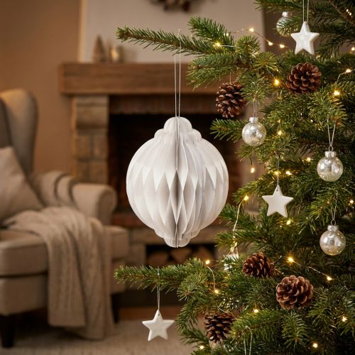 Boule décorative en papier blanc Ø15cm avec bord pailleté et ruban doré | Floristik24.be
