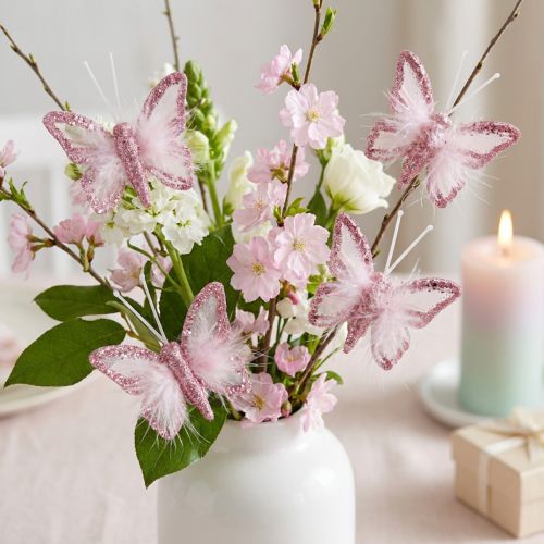 Pince décorative papillon en plumes rose et blanc 5 x 4,5 cm, lot de 4 | Floristik24.be