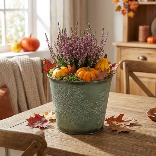 Cache-pot avec décoration d'automne, décoration en métal, jardinière d'automne verte Ø18.5cm H17cm | Floristik24.be