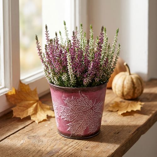 Article Pot décoratif à planter, seau en étain, décoration en métal avec motif de feuilles rouge vin Ø14cm H12,5cm