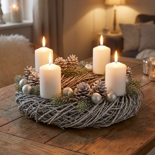Couronne de pin, couronne naturelle, couronne décorative style shabby chic, Ø40cm, décoration hivernale, couronne de table, couronne de l'Avent | Floristik24.be