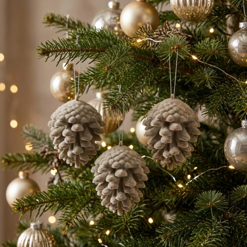 Lot de 4 pommes de pin décoratives à suspendre taupe 8 cm | Floristik24.be