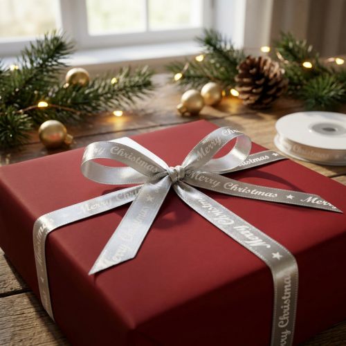 Article Ruban de Noël Ruban Joyeux Noël Argent Blanc 10mm 20m