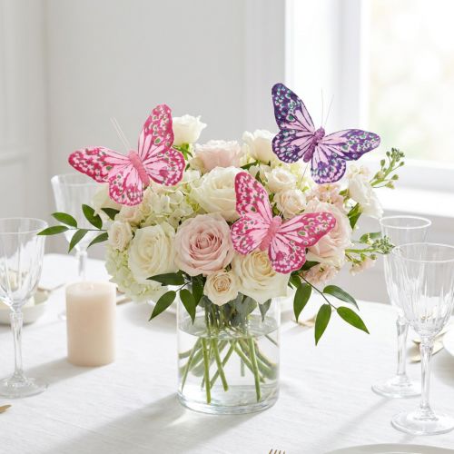 Papillons décoratifs sur plumes en fil violet rose 7×10cm 12 pcs | Floristik24.be