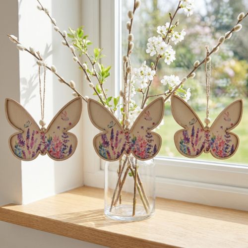 Papillon à suspendre Bois et lin Motif pré estival 11,5×9,5cm 6p | Floristik24.be