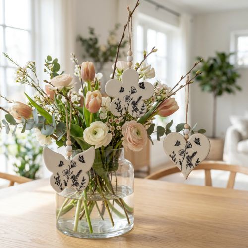 Déco à suspendre en bois Cœur Fleur Papillon Blanc et noir 9cm 3pcs | Floristik24.be