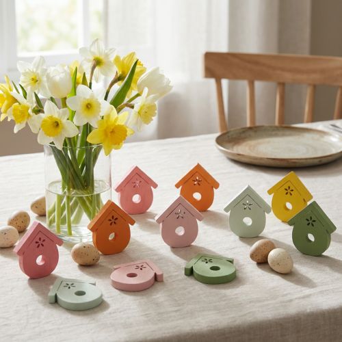 Article Décoration à disperser nichoir à oiseaux décoration de table en bois colorée 2,5–3,5 cm 48 pièces