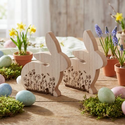Lapin en Bois Assis Motif Fleur Blanc Naturel 24×24cm 2 pcs | Floristik24.be