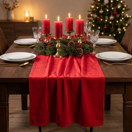 Chemin de table en velours rouge, tissu décoratif brillant, 28×270cm - chemin de table pour décoration festive | Floristik24.be