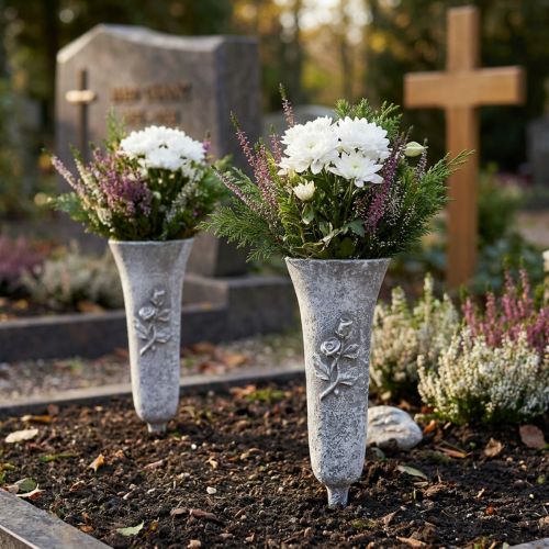 Article Vase funéraire gris à motif de rose, 26 cm de haut, 2 pièces