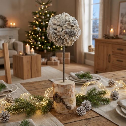 Déco arbre en bois décoration hiver bouleau glands cônes blanc H40cm | Floristik24.be