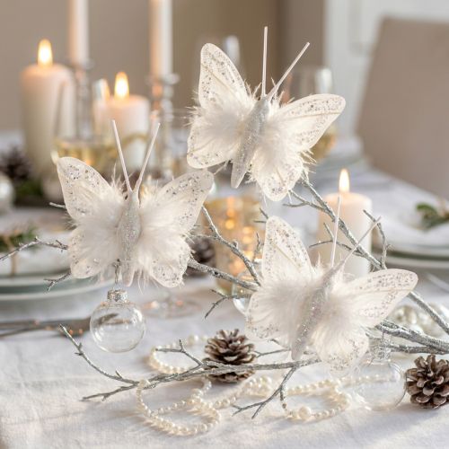 Plumes papillons sur clip blanc pailleté 5x4,5cm 4 pcs | Floristik24.be
