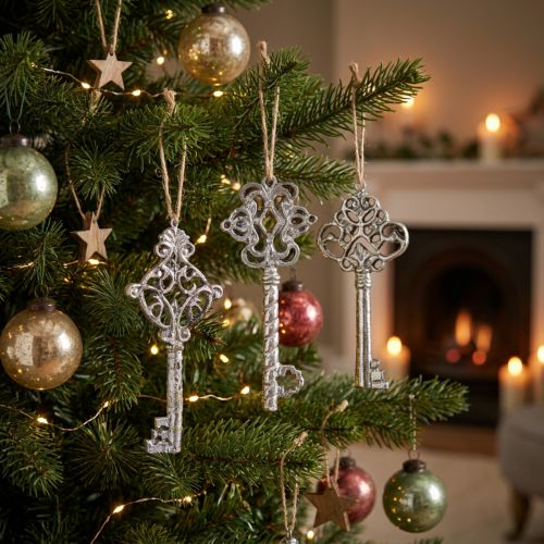 Lot de 3 clés décoratives argentées, 10 cm, avec cordelette en jute | Floristik24.be