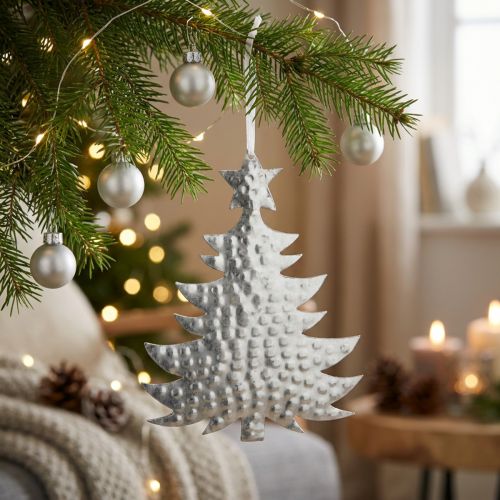 Décoration suspendue sapin en métal argenté avec étoile 20,5×15,5cm | Floristik24.be