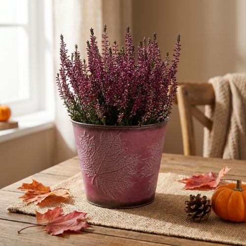 Cache-pot à décor de feuilles, décoration d'automne, jardinière en métal rouge vin Ø16,5 cm H14,5 cm | Floristik24.be