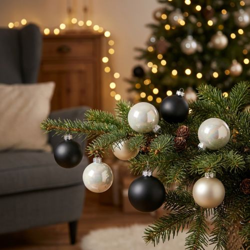 Boule de Noël, pendentif sapin de Noël, décoration sapin noir/argent/nacre H6,5cm Ø6cm verre véritable 24 pcs | Floristik24.be