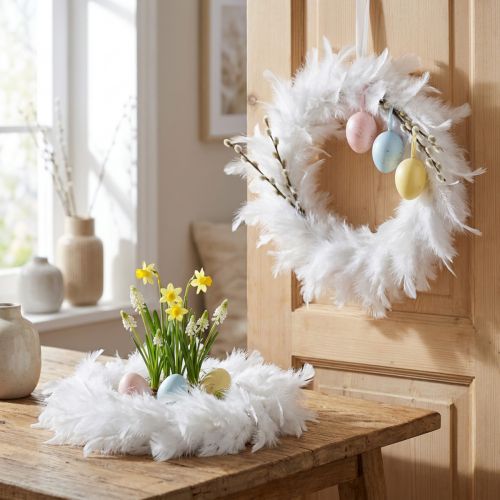 Couronne de plumes blanche Ø25cm Décoration de Pâques Couronne décorative de vraies plumes 2 pièces | Floristik24.be