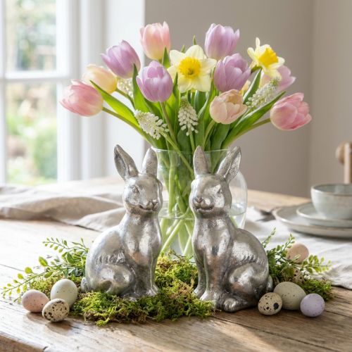 Lapin décoratif assis décoration de Pâques argent vintage H13cm 2 pcs | Floristik24.be